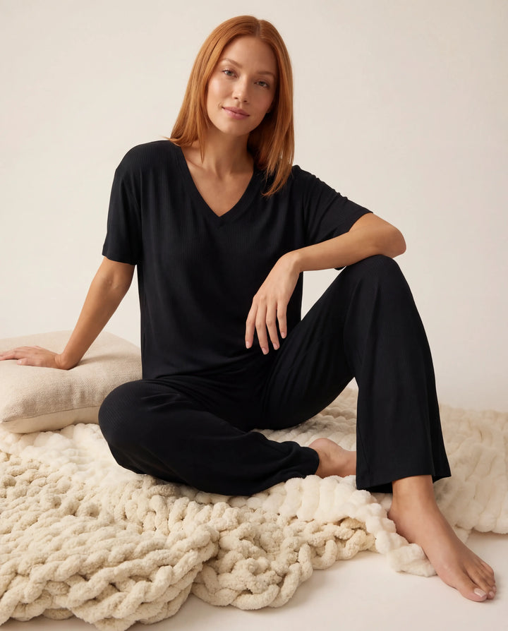 Black Bamboo Ribbed Wide Leg Pant