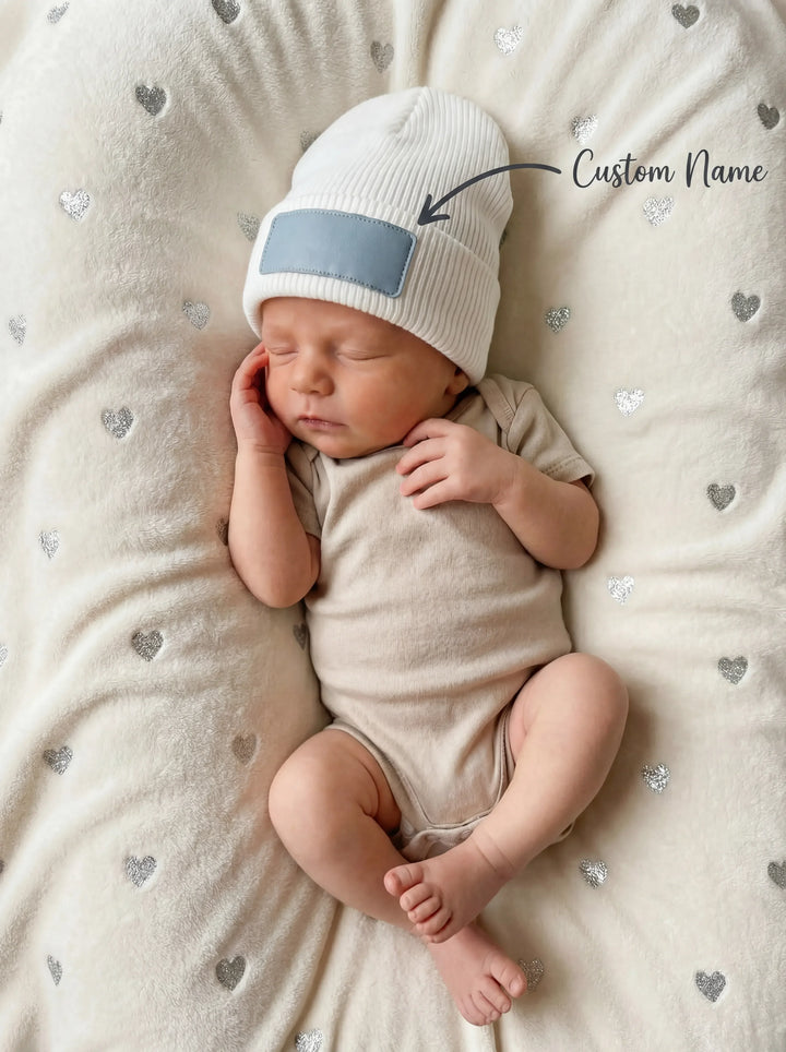 Custom Name Solid Color Leather Patch Beanie