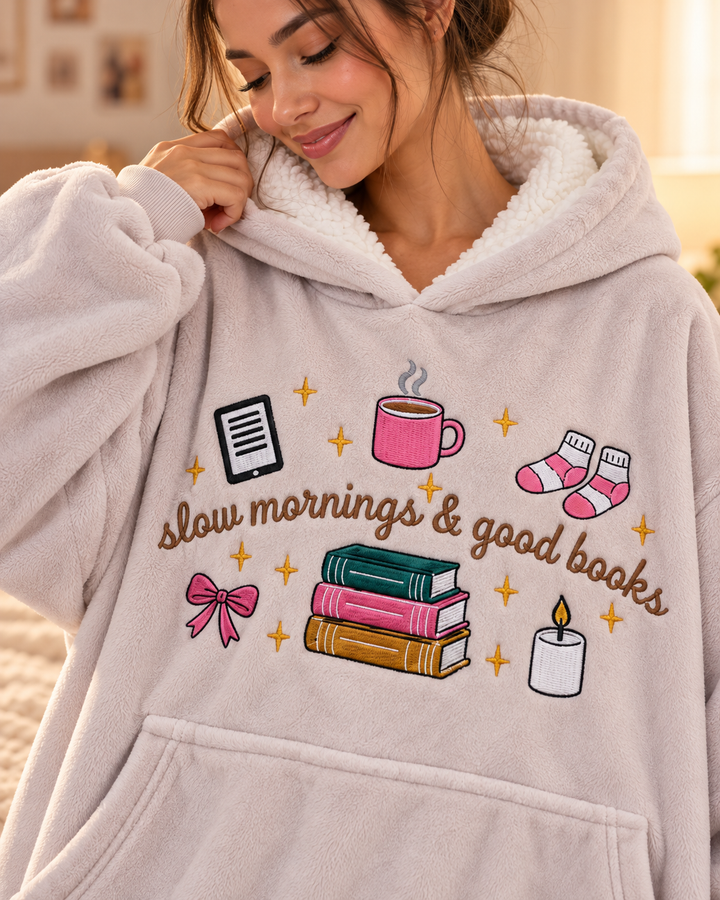 Slow Morning And Good Books Embroidered Blanket Hoodie