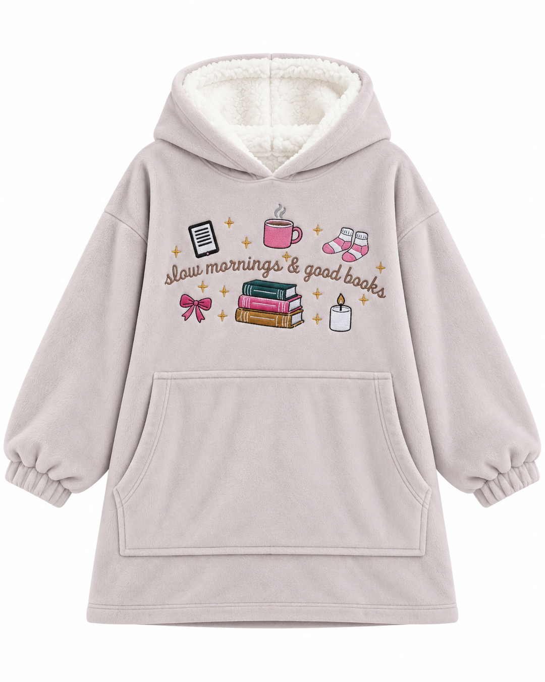 Slow Morning And Good Books Embroidered Blanket Hoodie