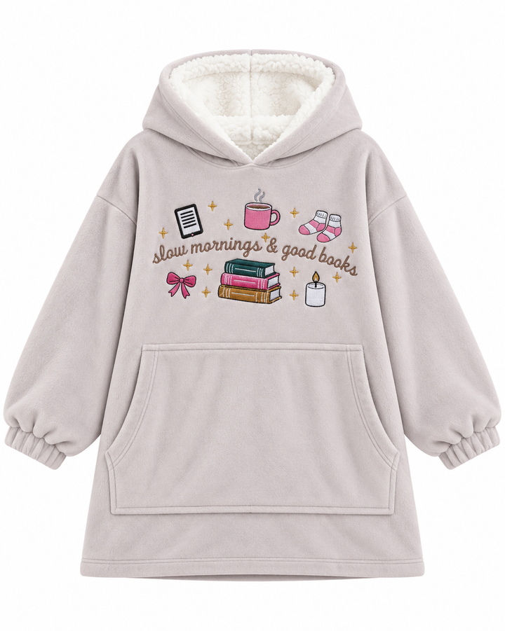 Slow Morning And Good Books Embroidered Blanket Hoodie