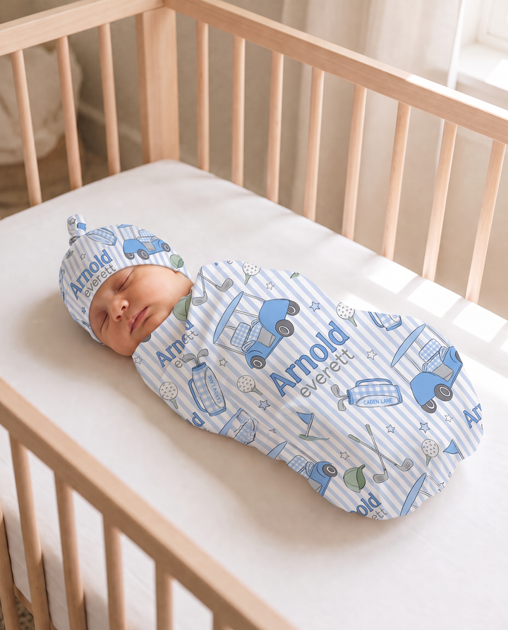 Personalized Caddie Crew Blue Bamboo Swaddle Blanket