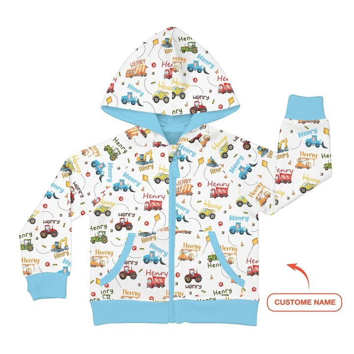 Construction Vehicles Custom Name Bamboo Zip Hoodie