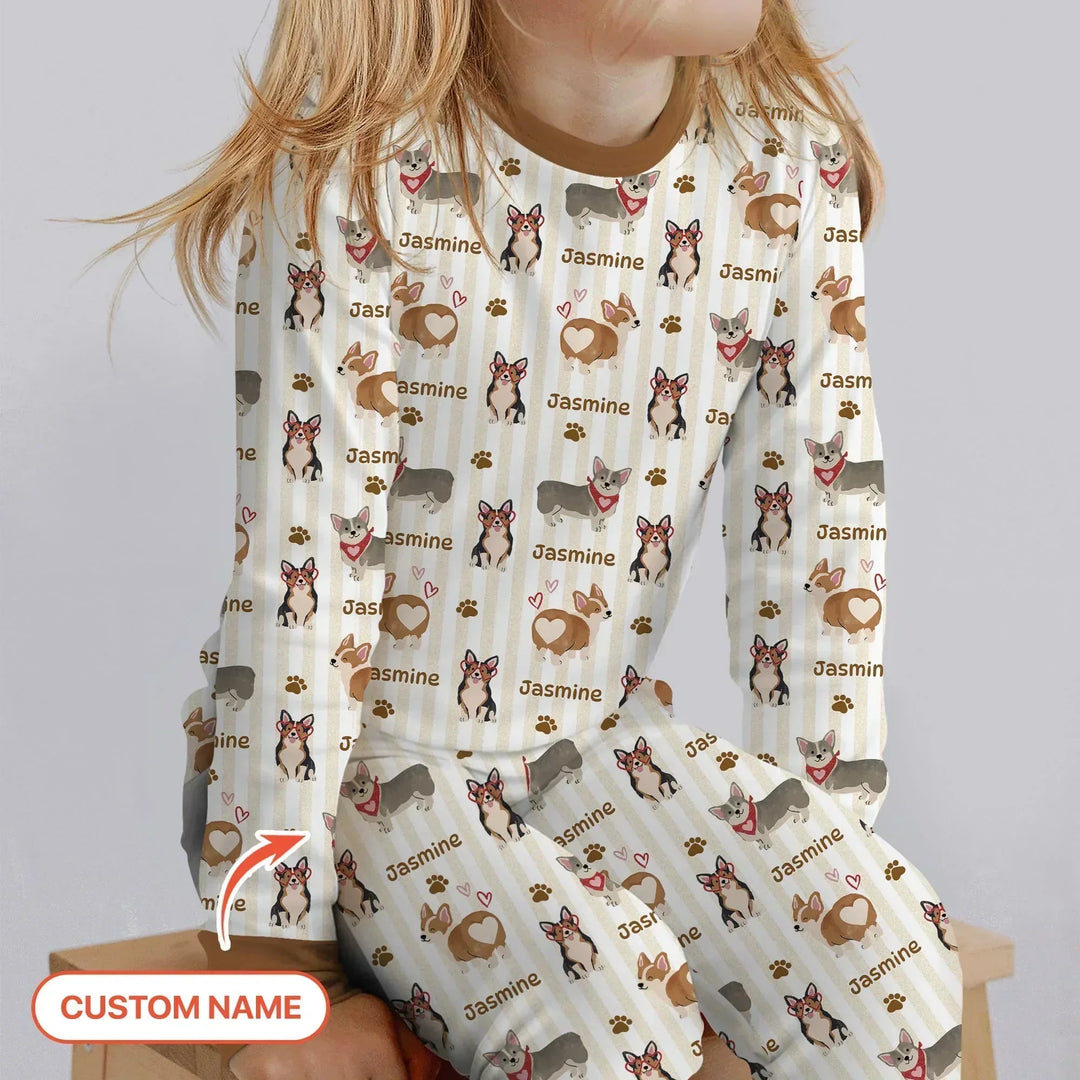 Custom Name Playful Corgis Family Matching Bamboo Two Piece Long Sleeve Pajama Set