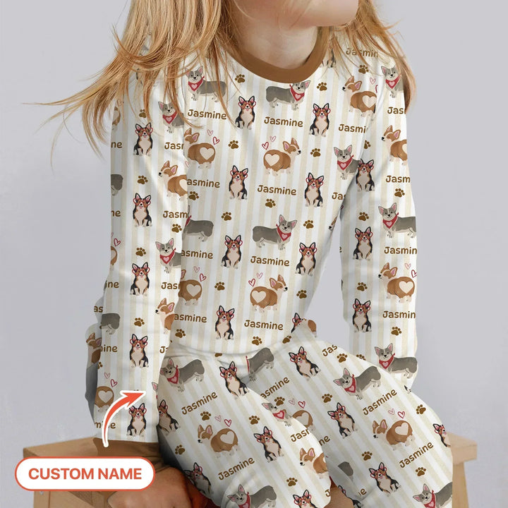 Custom Name Playful Corgis Family Matching Bamboo Two Piece Long Sleeve Pajama Set