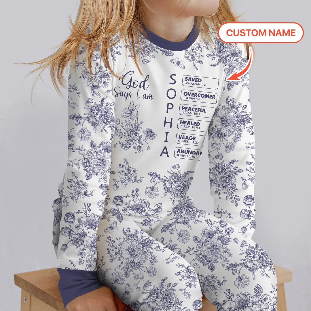 God Says I Am – Faith in Bloom Custom Name and Affirmations Bamboo Two Piece Long Sleeve Pajama Set
