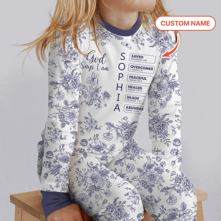 God Says I Am – Faith in Bloom Custom Name and Affirmations Bamboo Two Piece Long Sleeve Pajama Set