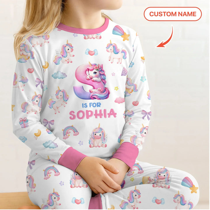 Unicorn Dreams Custom Name Bamboo Two Piece Long Sleeve Pajama Set