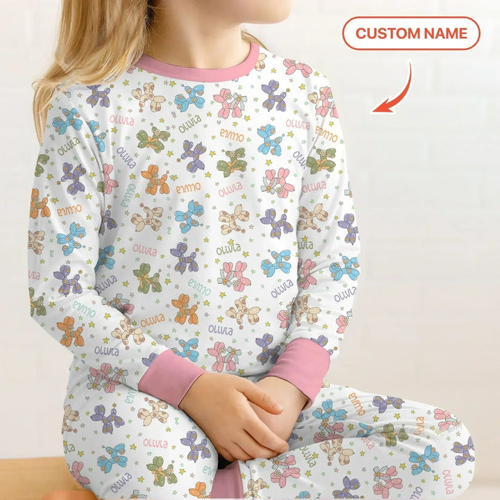 Custom Name Balloon Dog Bamboo Two Piece Long Sleeve Pajama Set