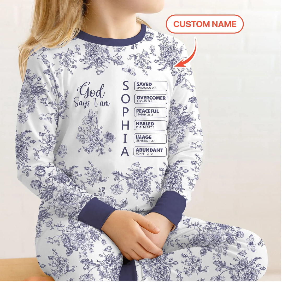 God Says I Am – Faith in Bloom Custom Name and Affirmations Bamboo Two Piece Long Sleeve Pajama Set