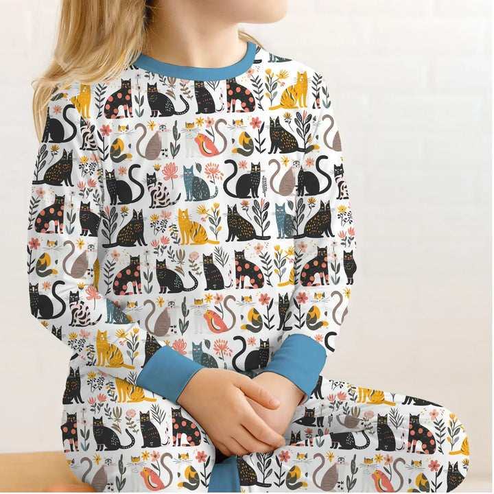 Botanical Cats Bamboo Two Piece Long Sleeve Pajama Set