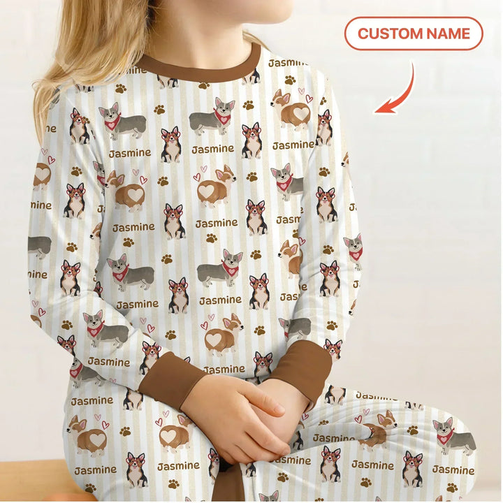 Custom Name Playful Corgis Family Matching Bamboo Two Piece Long Sleeve Pajama Set