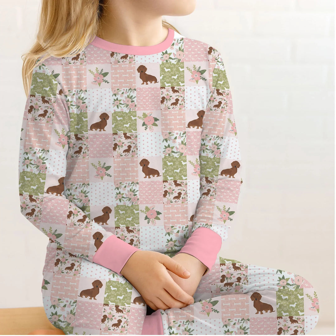 Floral Dachshund Grace Bamboo Two Piece Long Sleeve Pajama Set