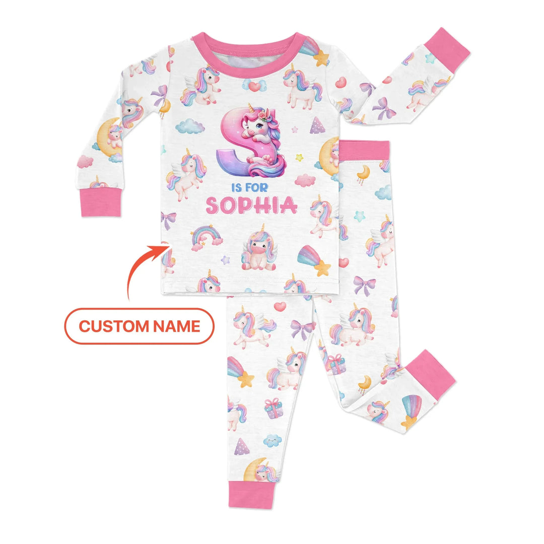 Unicorn Dreams Custom Name Bamboo Two Piece Long Sleeve Pajama Set
