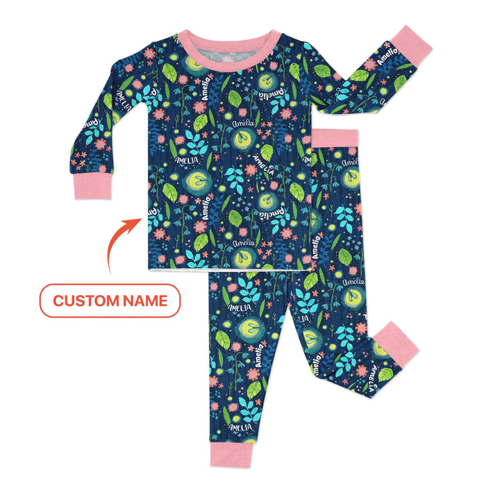 Nighttime Bugs Custom Name Bamboo Two Piece Long Sleeve Pajama Set