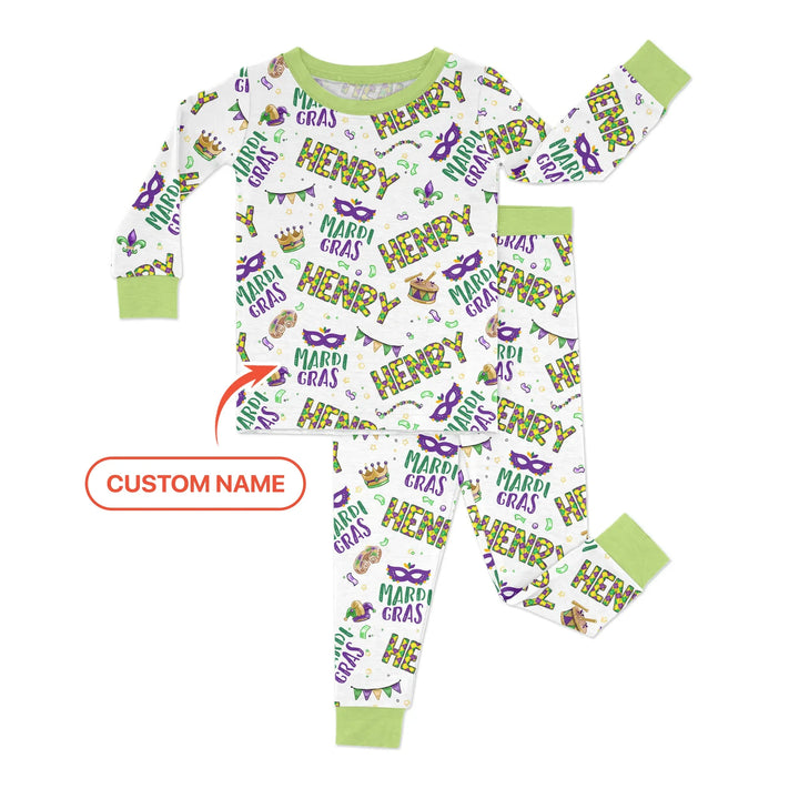 Custom Name Make your own Mardi Gras Bamboo Two Piece Long Sleeve Pajama Set