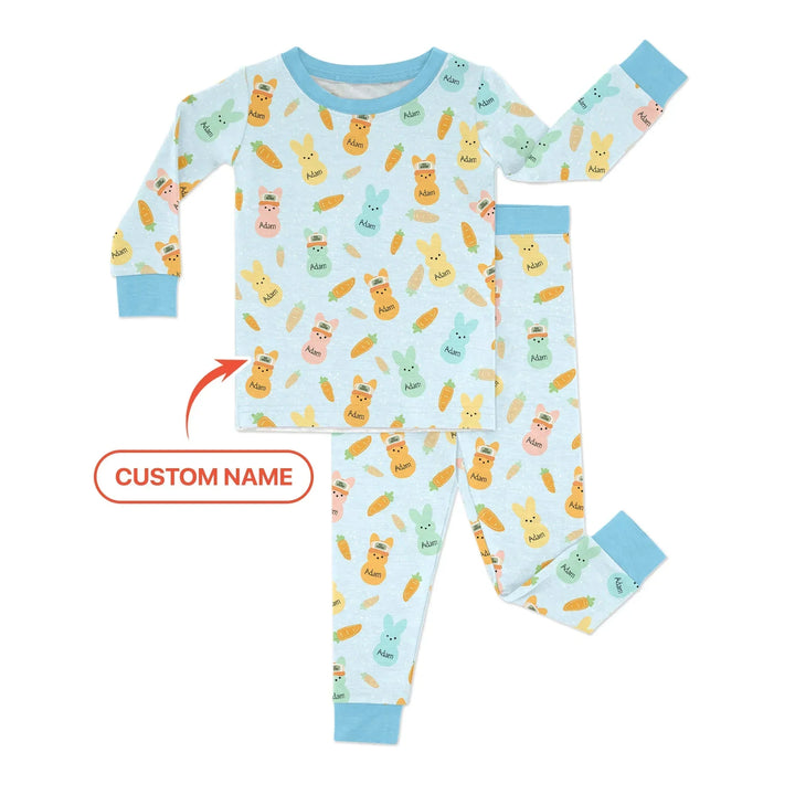 Custom Name Easter Bunny Bamboo Two Piece Long Sleeve Pajama Set