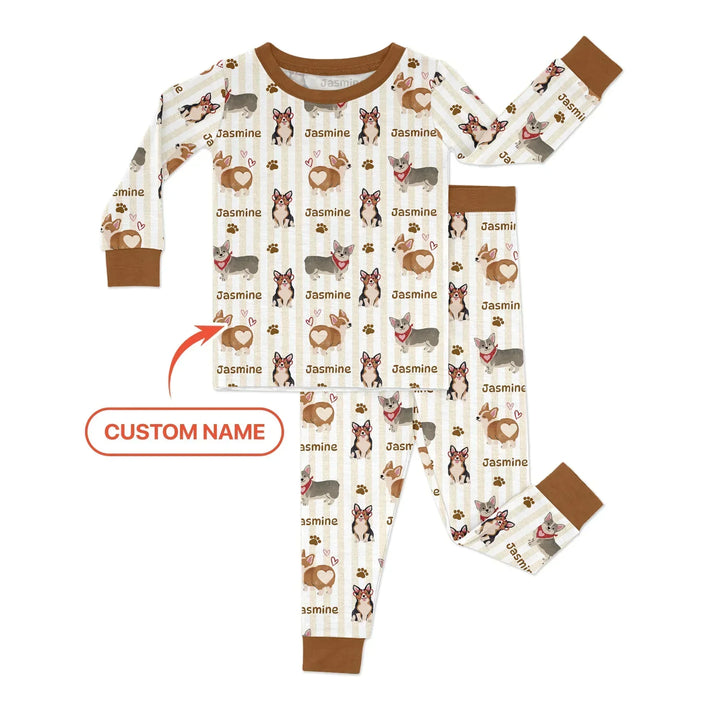 Custom Name Playful Corgis Family Matching Bamboo Two Piece Long Sleeve Pajama Set