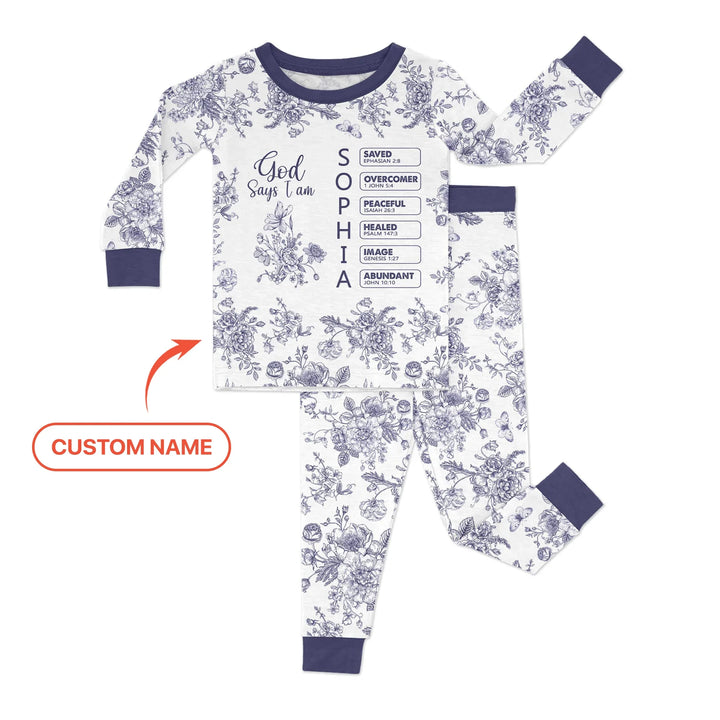 God Says I Am – Faith in Bloom Custom Name and Affirmations Bamboo Two Piece Long Sleeve Pajama Set