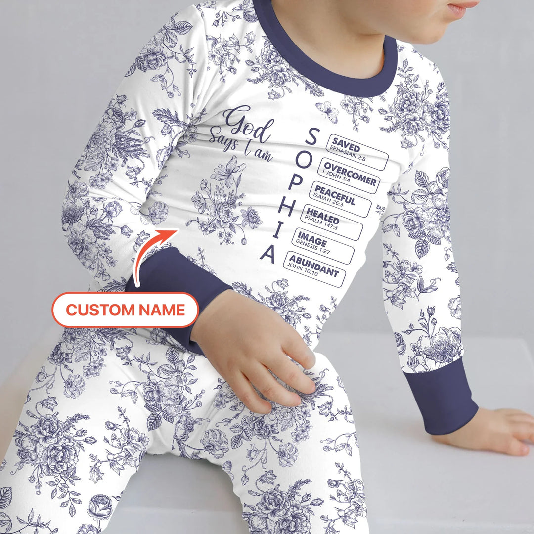 God Says I Am – Faith in Bloom Custom Name and Affirmations Bamboo Two Piece Long Sleeve Pajama Set