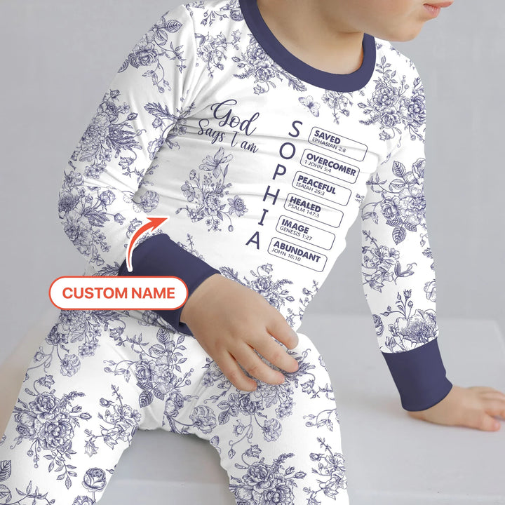 God Says I Am – Faith in Bloom Custom Name and Affirmations Bamboo Two Piece Long Sleeve Pajama Set
