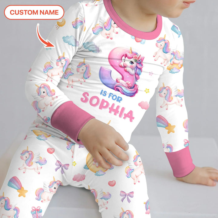 Unicorn Dreams Custom Name Bamboo Two Piece Long Sleeve Pajama Set