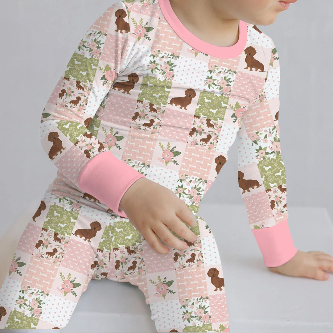 Floral Dachshund Grace Bamboo Two Piece Long Sleeve Pajama Set