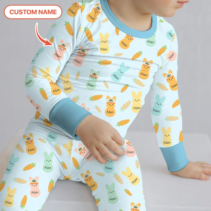 Custom Name Easter Bunny Bamboo Two Piece Long Sleeve Pajama Set