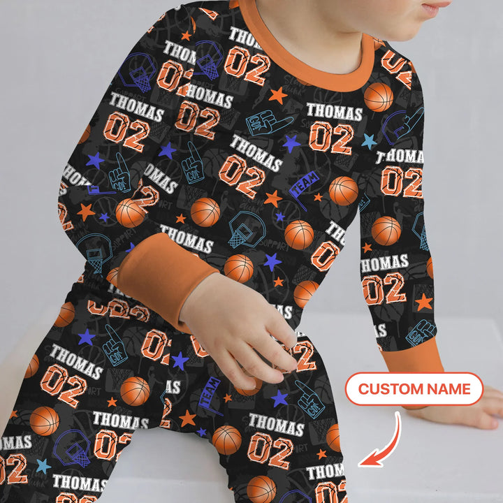 Custom Name Basketball Time Bamboo Two Piece Long Sleeve Pajama Set