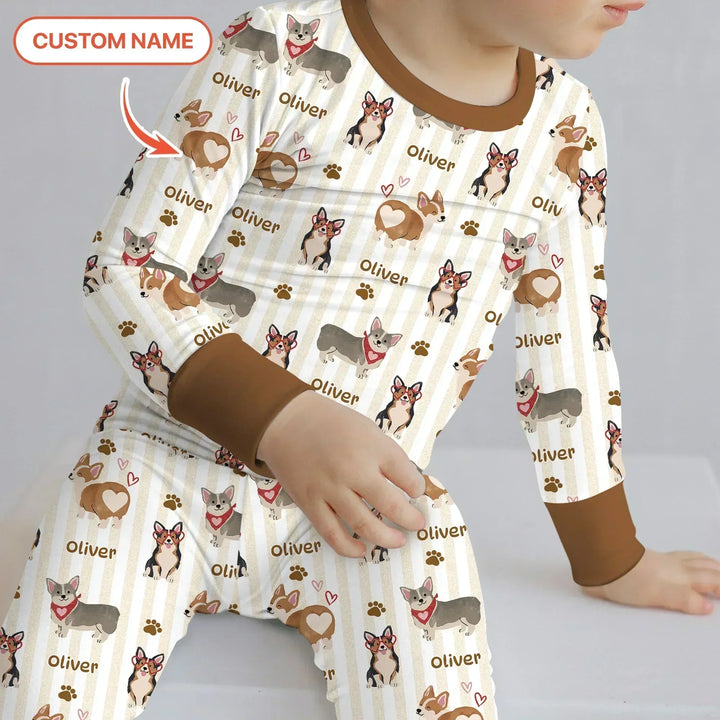 Custom Name Playful Corgis Family Matching Bamboo Two Piece Long Sleeve Pajama Set