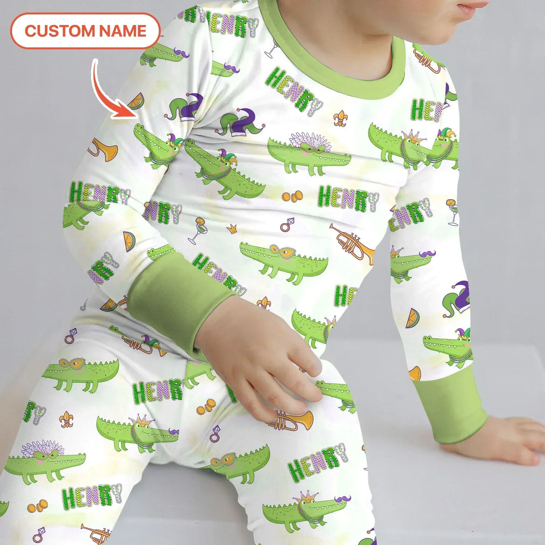 Alligator Mardi Gras Festival Bamboo Two Piece Long Sleeve Pajama Set