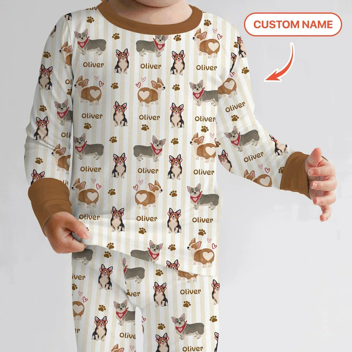 Custom Name Playful Corgis Family Matching Bamboo Two Piece Long Sleeve Pajama Set