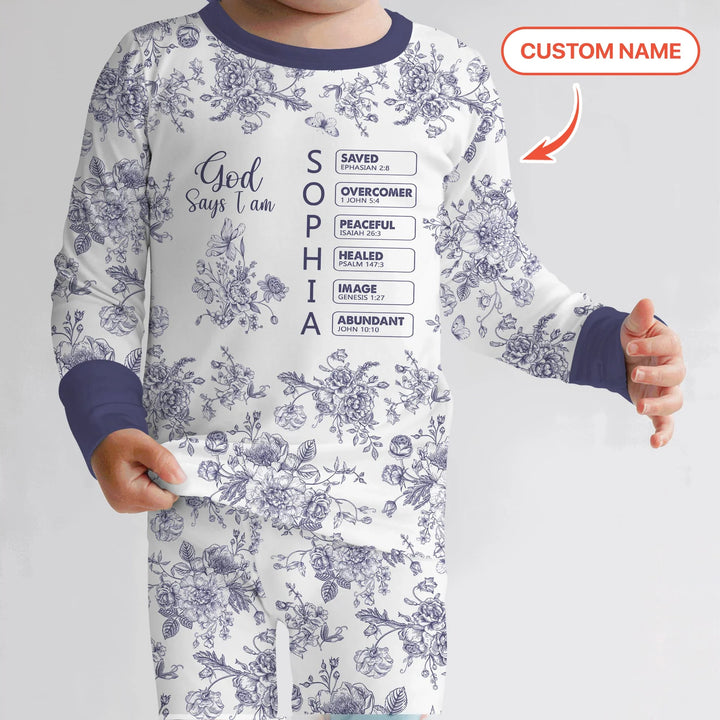 God Says I Am – Faith in Bloom Custom Name and Affirmations Bamboo Two Piece Long Sleeve Pajama Set