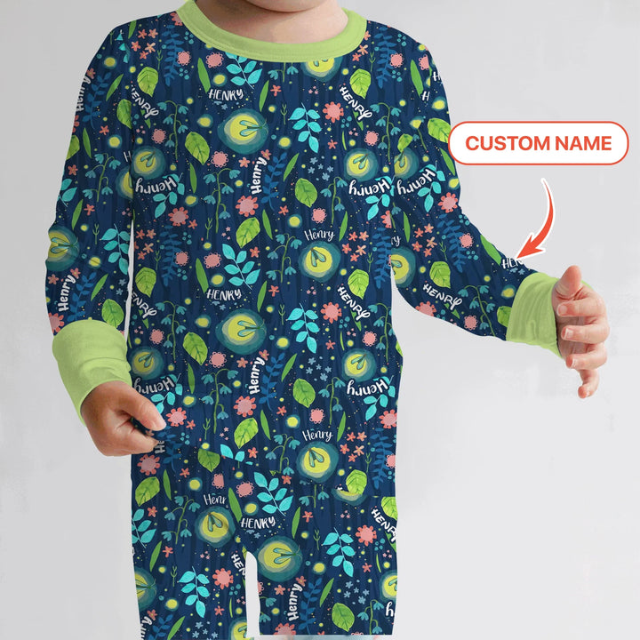 Nighttime Bugs Custom Name Bamboo Two Piece Long Sleeve Pajama Set