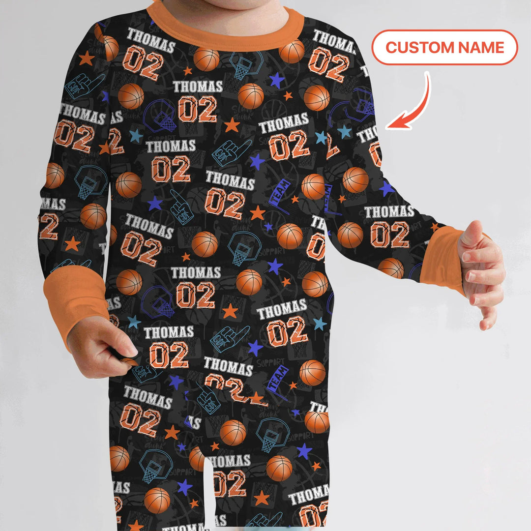 Custom Name Basketball Time Bamboo Two Piece Long Sleeve Pajama Set