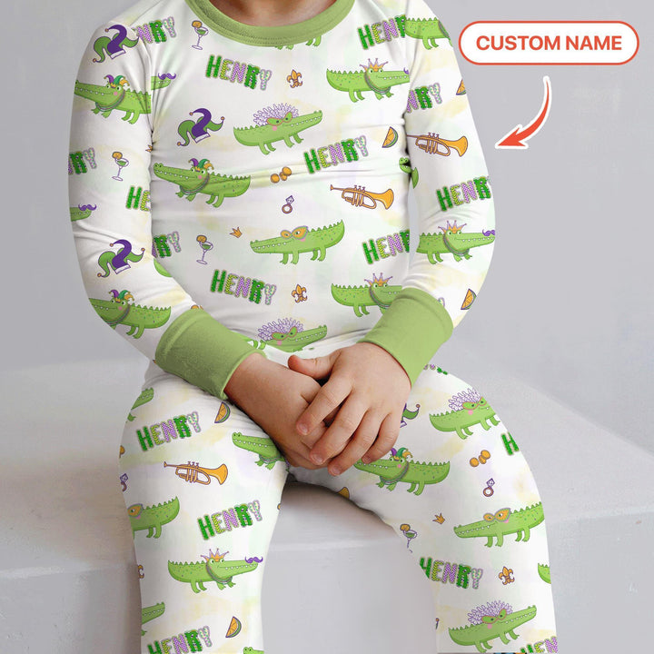 Alligator Mardi Gras Festival Bamboo Two Piece Long Sleeve Pajama Set
