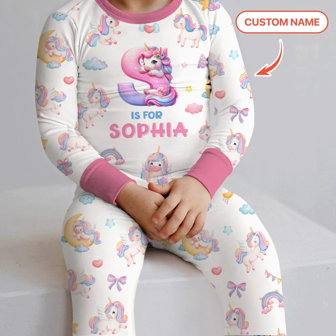 Unicorn Dreams Custom Name Bamboo Two Piece Long Sleeve Pajama Set