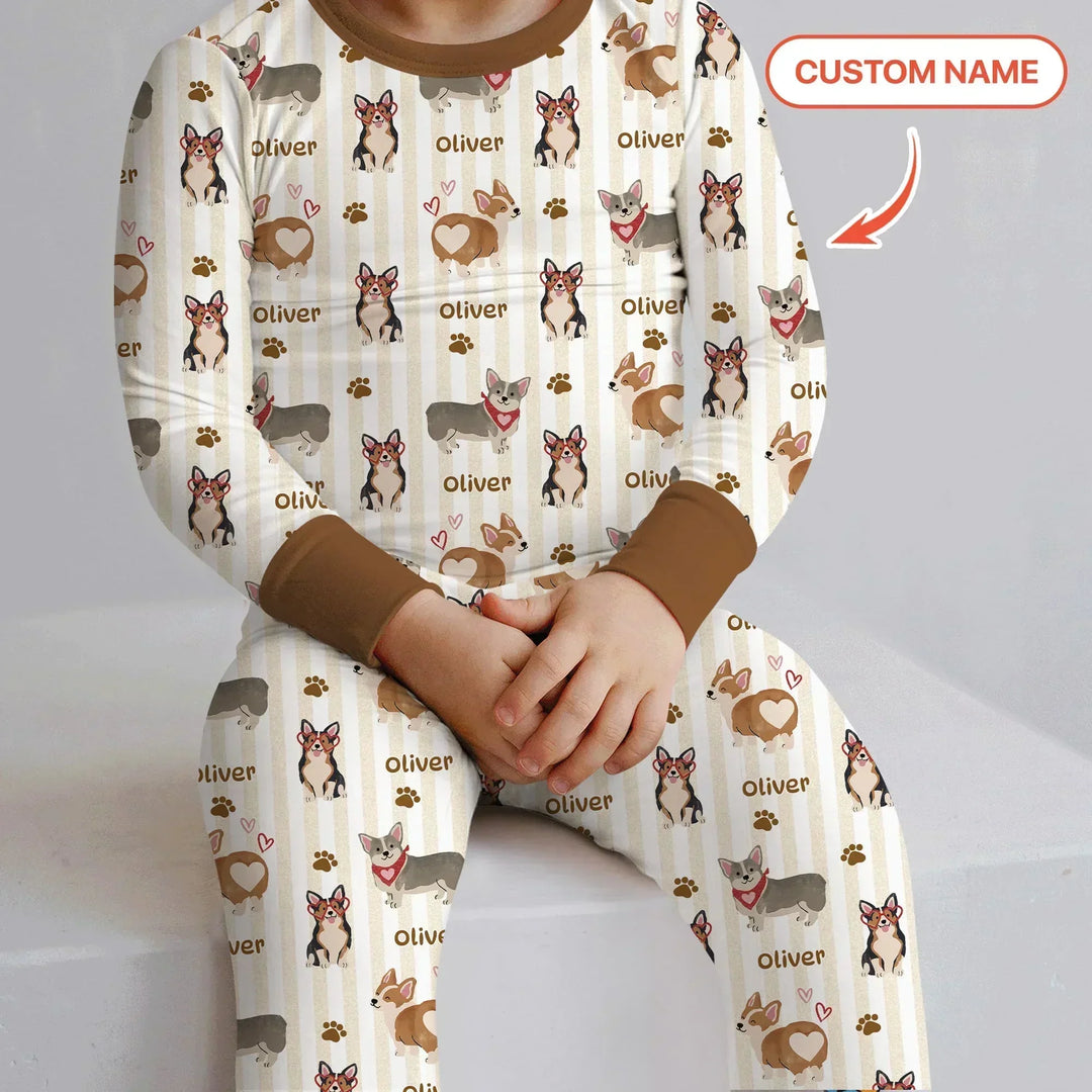 Custom Name Playful Corgis Family Matching Bamboo Two Piece Long Sleeve Pajama Set