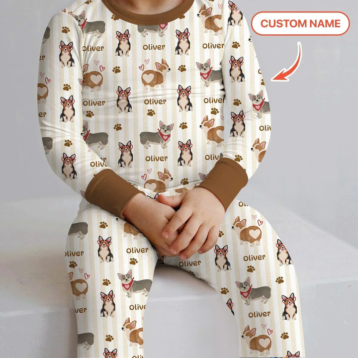 Custom Name Playful Corgis Family Matching Bamboo Two Piece Long Sleeve Pajama Set