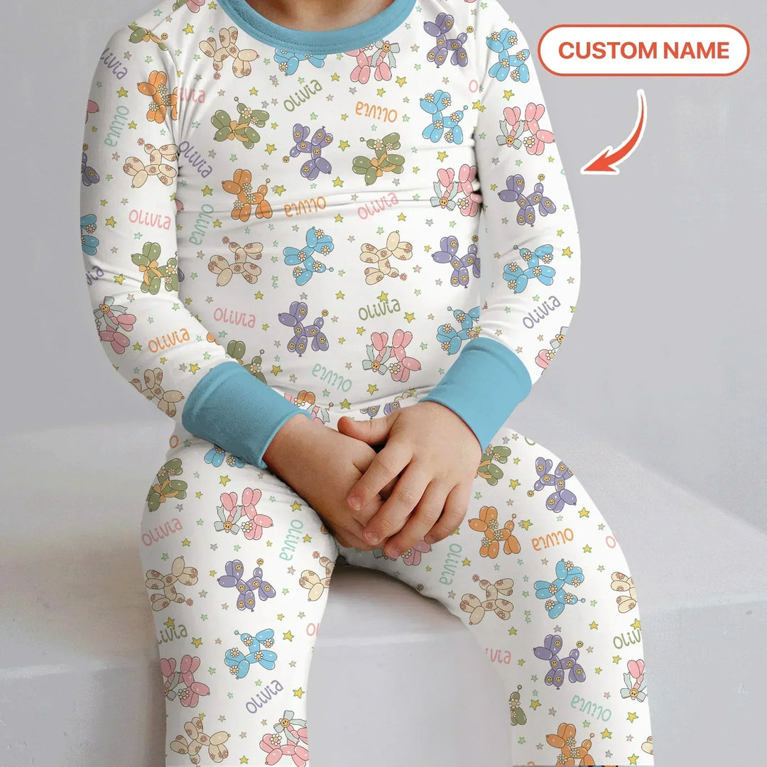 Custom Name Balloon Dog Bamboo Two Piece Long Sleeve Pajama Set