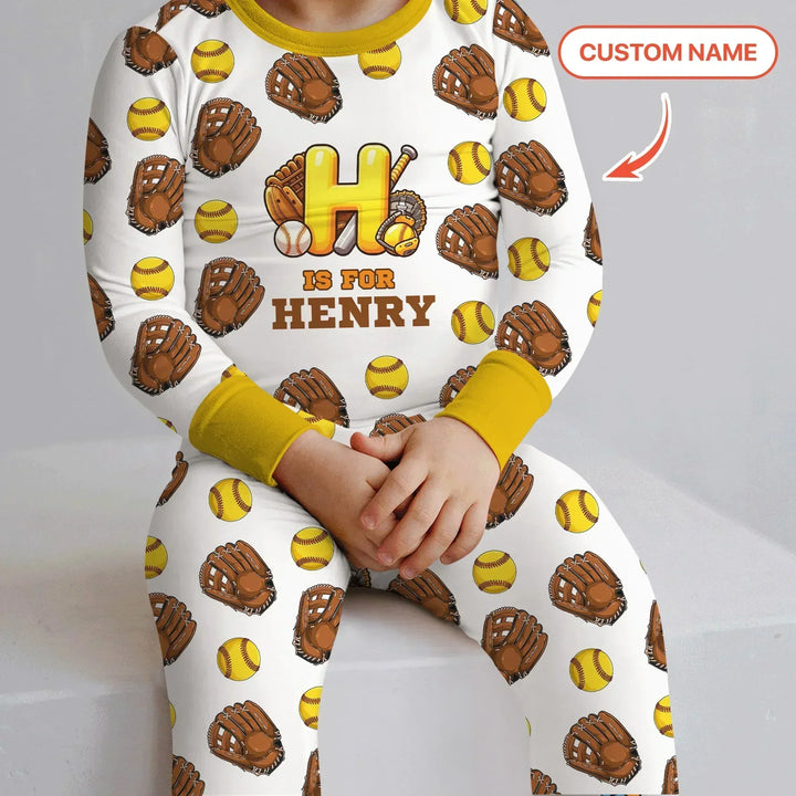 Softball Patterns Customized Bamboo Two Piece Long Sleeve Pajama Set