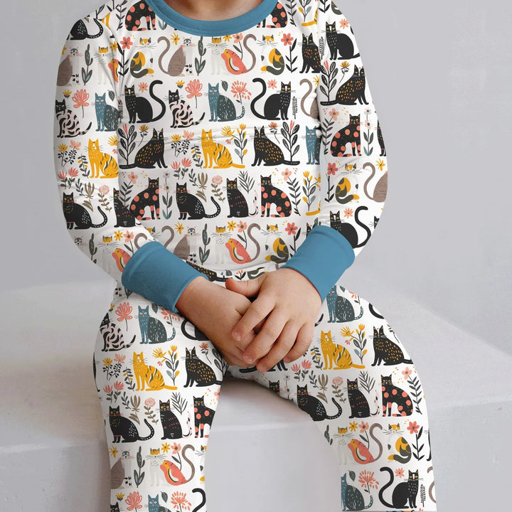 Botanical Cats Bamboo Two Piece Long Sleeve Pajama Set