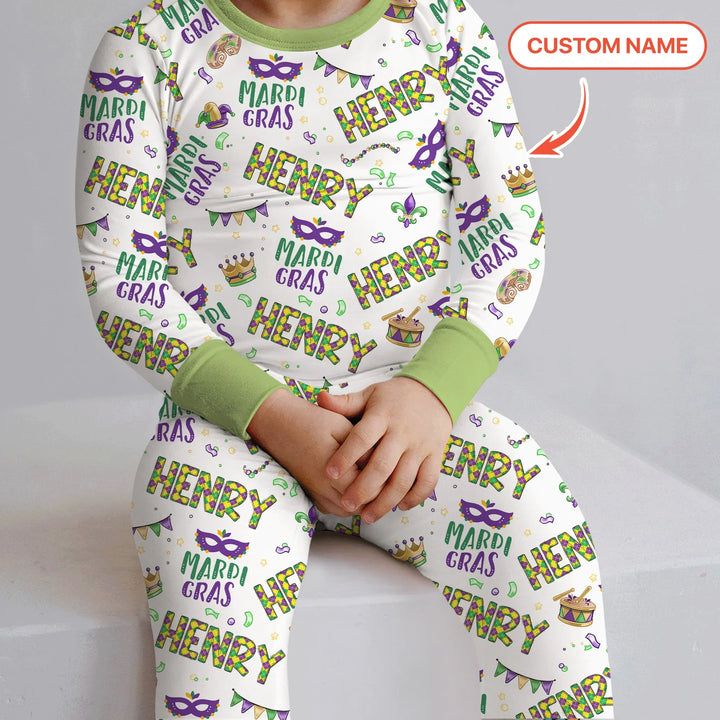 Custom Name Make your own Mardi Gras Bamboo Two Piece Long Sleeve Pajama Set
