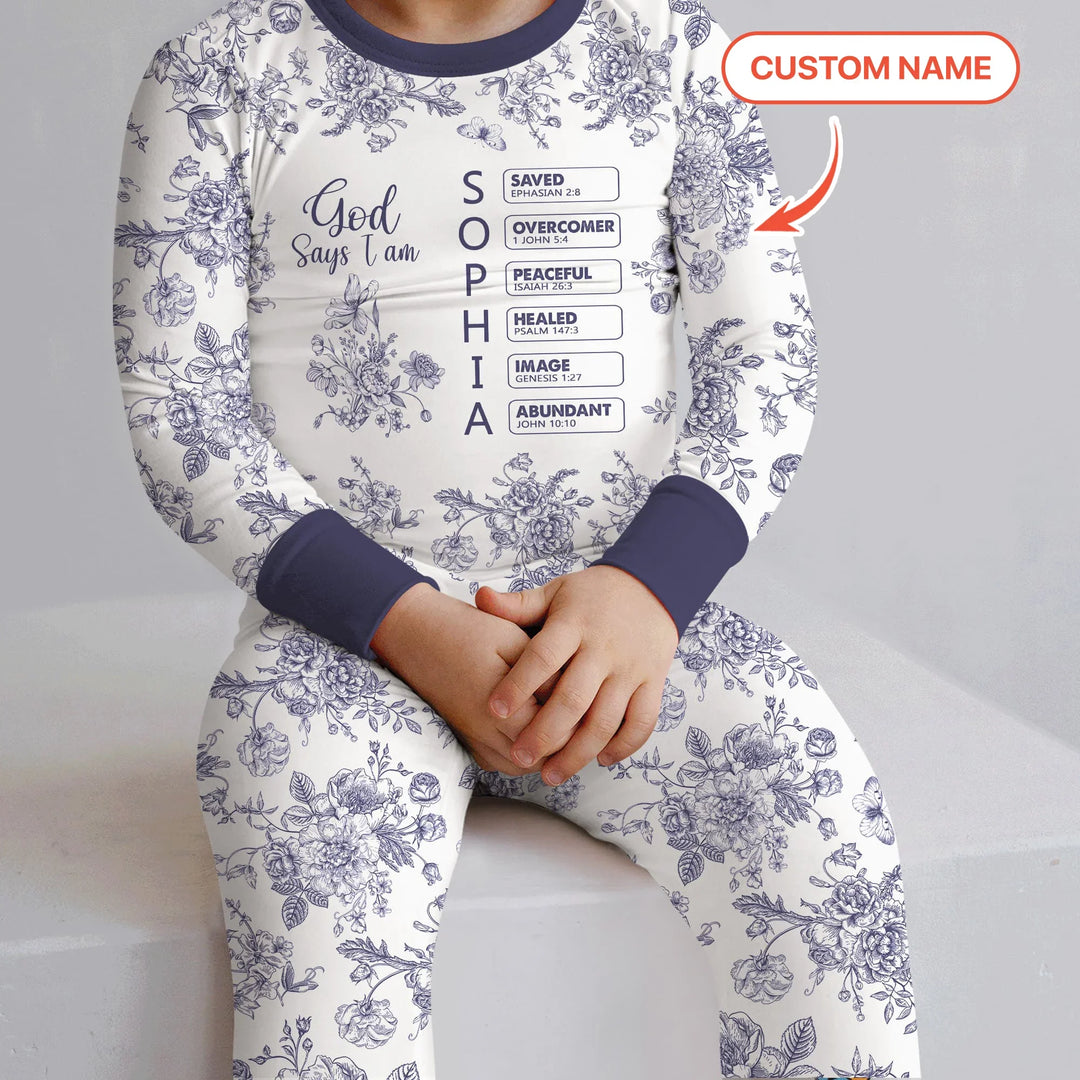God Says I Am – Faith in Bloom Custom Name and Affirmations Bamboo Two Piece Long Sleeve Pajama Set