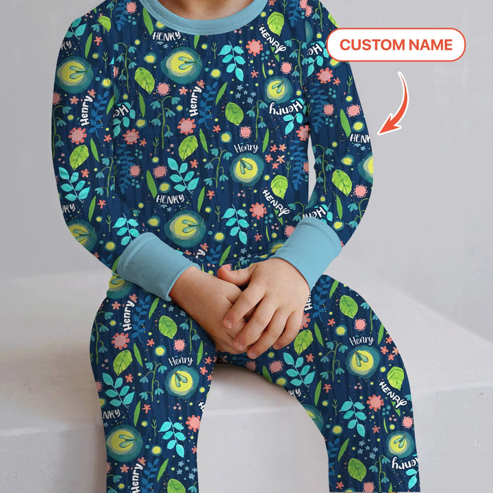 Nighttime Bugs Custom Name Bamboo Two Piece Long Sleeve Pajama Set