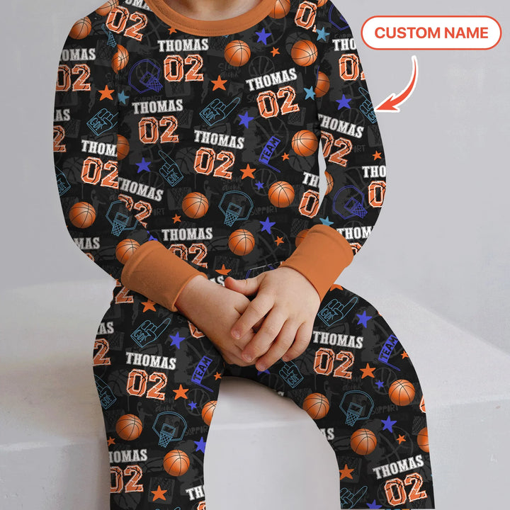 Custom Name Basketball Time Bamboo Two Piece Long Sleeve Pajama Set