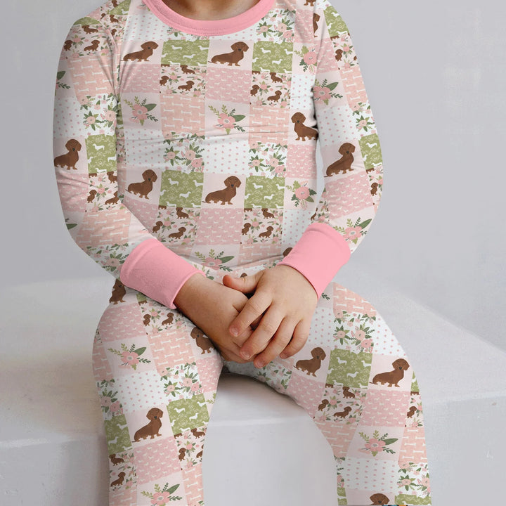 Floral Dachshund Grace Bamboo Two Piece Long Sleeve Pajama Set