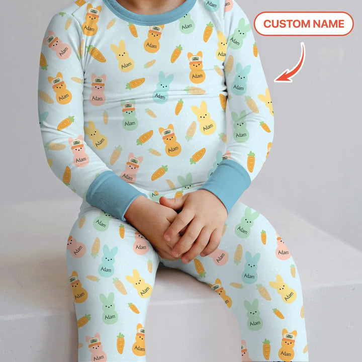Custom Name Easter Bunny Bamboo Two Piece Long Sleeve Pajama Set