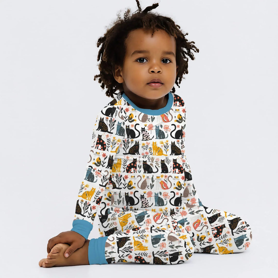 Botanical Cats Bamboo Two Piece Long Sleeve Pajama Set