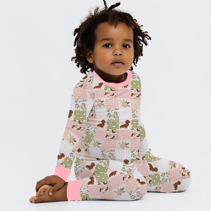 Floral Dachshund Grace Bamboo Two Piece Long Sleeve Pajama Set